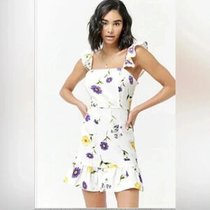 Off White FLORAL FLOWER RUFFLE Hem SUMMER SUN Linen DRESS Medium